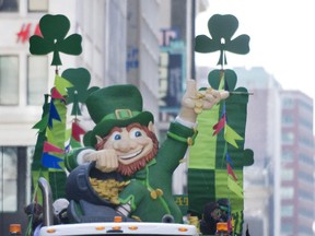 A giant leprechaun is shown during the annual St. Patrick's Day parade in Montreal, Sunday, March 16, 2014.