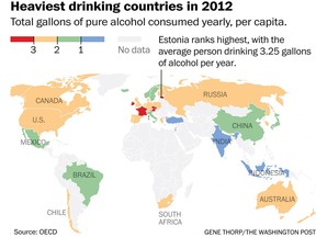 Graphic explains the alcohol consumption by country reported by the Organization of Economic Co-operation and Development. Illustrates DRINKING-COUNTRIES (category a), by Rick Noack © 2015, The Washington Post. Moved Wednesday, May 13, 2015. (MUST CREDIT: The Washington Post)