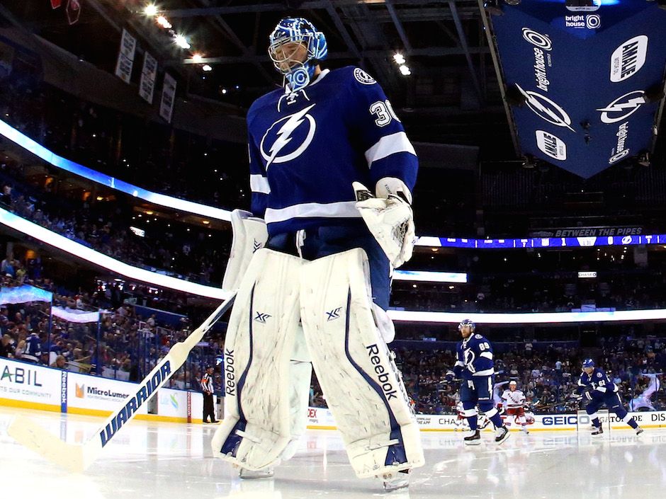 Tampa, USA. 12th Jan, 2017. Tampa Bay Lightning goalie Ben Bishop (30) in  net during second period action at the Amalie Arena in Tampa. Bishop had  been out several weeks due to