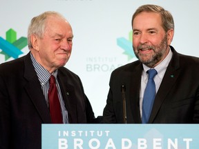 Former federal NDP Leader Ed Broadbent with current NDP Leader Tom Mulcair in March 2015.