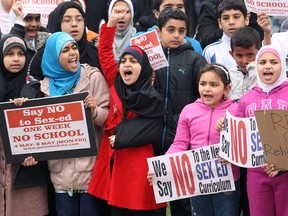Students protest Ontario's sex education curriculum on May 5, 2015, in front of Northwood Public School in Windsor.