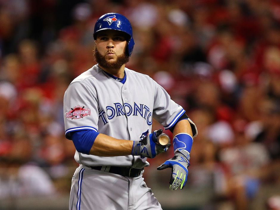 Toronto Blues Jays newly-signed catcher Russell Martin, left, and