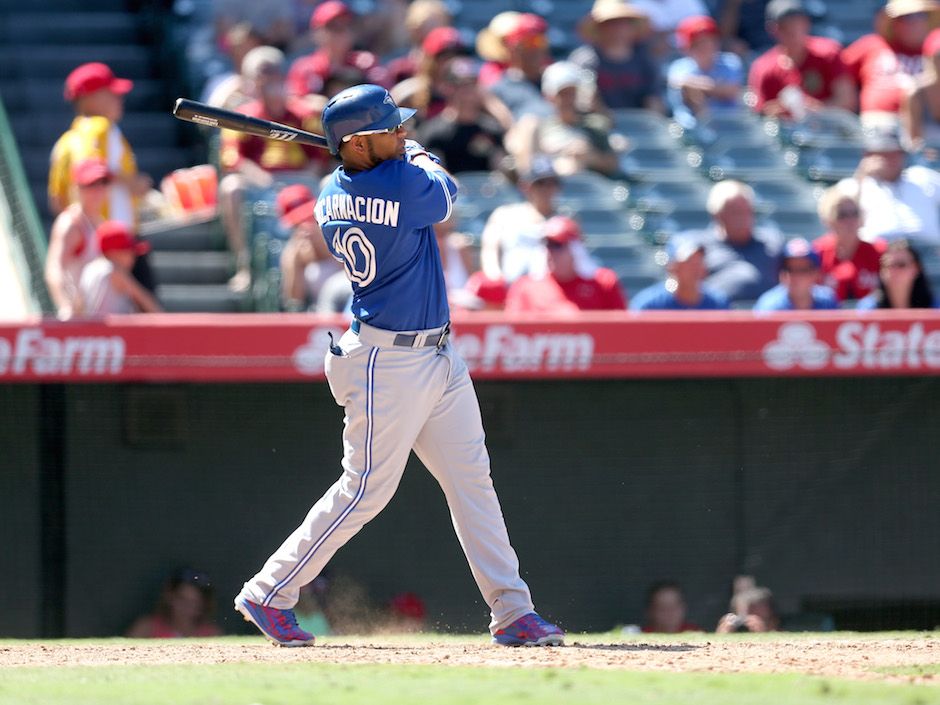 ANAHEIM, CA - APRIL 21: Toronto Blue Jays Shortstop Troy Tulowitzki (2) at  the end of the inning during an MLB game between the Toronto Blue Jays and  the Los Angeles Angels