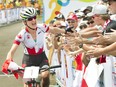 Canadian Catharine Pendrel acknowledges fans following her silver medal performance at the Pan Am Games.