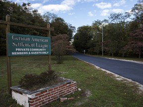 The entrance to the housing tract in Yaphank, N.Y.