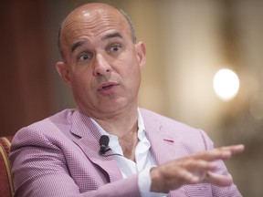 TORONTO, ONTARIO: June 9 2015 - Jim Balsillie, co-founder and former CEO of Research In Motion (BlackBerry), speaks to the Empire Club of Canada, in Toronto, Tuesday June 9, 2015.   (Tyler Anderson /  National Post)  (For FP story by Claire Brownell) //NATIONAL POST STAFF PHOTO   // 0610-biz-CB- Balsillie ORG XMIT: POS1506091241020238  // 0611 na solomon A3