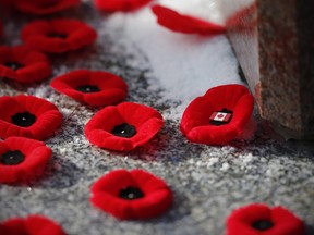 Poppies are placed on a cenotaph during a Remembrance Day service in Winnipeg, Tuesday, November 11, 2014.