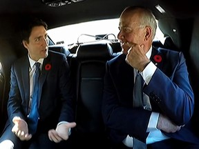 Peter Mansbridge rides with Justin Trudeau on his way to be sworn in as prime minster in the CBC "Behind-the-scenes of Justin Trudeau's first day as Prime Minister" video.