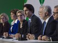 Canadian Prime Minister Justin Trudeau speaks during a news conference with Albeta Premier Rachel Notley (left), B.C. Premier Christy Clark , Ontario Premier Kathleen Wynne , Quebec Premier Philippe Couillard and Saskatchewan Premier Brad Wall.