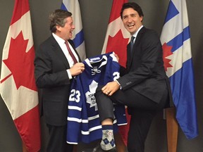 Prime Minister Justin trudeau flashes his Montreal Canadiens socks during a meeting with Toronto Mayor John Tory.