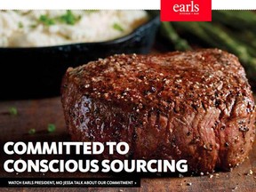 A screen image of the website homepage of the Earls restaurant chain on April 28.