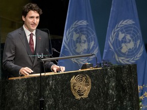 Canadian Prime Minister Justin Trudeau speaks during the Paris Agreement on climate change ceremony, Friday, April 22, 2016 at U.N. headquarters.