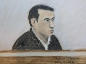 A courtroom sketch of Matthew de Grood done by Janice Fletcher.