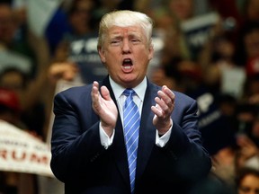 Republican presidential candidate Donald Trump at a rally at the Anaheim Convention Center, May 25, 2016, in Anaheim, Calif.