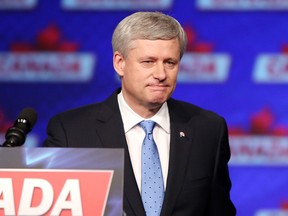 Stephen Harper leaves the stage after his speech in Calgary on Oct. 19, 2015 after losing the federal election.