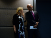 Green Party leader Elizabeth May, left, and Nathan Cullen speak as they listen in on a press conference at the National Press Theatre by Maryam Monsef on May 11.