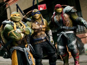 This image released by Paramount Pictures shows, from left, Donatello, Michelangelo, Leonardo and Raphael in a scene from "Teenage Mutant Ninja Turtles: Out of the Shadows." (Lula Carvalho/Paramount Pictures via AP) ORG XMIT: NYET629