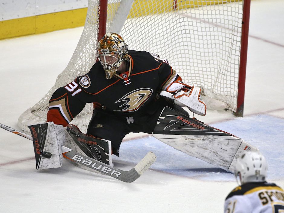 Anaheim Ducks Frederik Andersen Wearing a New LEGO Goalie Mask