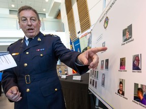 RCMP Superintendent Keith Finn points to mug shots of some of the 19 men arrested allegedly from the Canadian arm of the 'Ndrangheta mafia crime group during a press conference in Aurora, Ont. on June 3, 2015.
