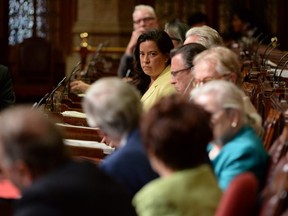 Minister of Justice Jody Wilson-Raybould participates in a committee of the whole in the Senate on June 1.