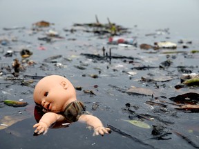 Pollution floats in Guanabara Bay, site of sailing events for the Rio 2016 Olympic Games, on July 29, 2015 in Rio de Janeiro, Brazil.
