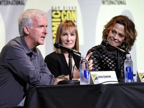 Writer and director James Cameron, from left, producer Gale Anne Hurd, and actress Sigourney Weaver attend the "Aliens" panel on day 3 of Comic-Con International on Saturday, July 23, 2016, in San Diego.