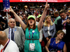Diana Shores from Farmville, VA (C) protests a roll call vote on the floor on the first day of the Republican National Convention on July 18, 2016 at the Quicken Loans Arena in Cleveland, Ohio.
