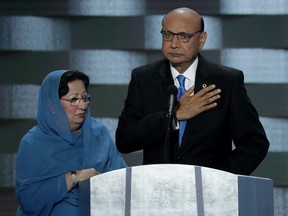 Khizr Khan, father of deceased Muslim U.S. Soldier Humayun S. M. Khan, delivers remarks on the fourth day of the Democratic National Convention at the Wells Fargo Center, July 28, 2016 in Philadelphia