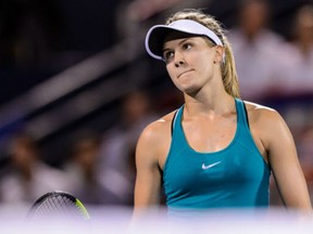 Eugenie Bouchard of Canada reacts after losing a point to Kristina Kucova of Slovakia at Uniprix Stadium on Thursday in Montreal.