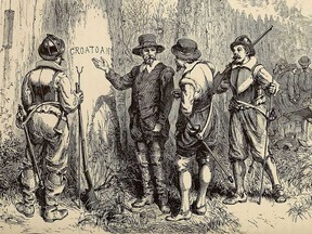 An 19th century illustration of Explorer John White returning to the colony