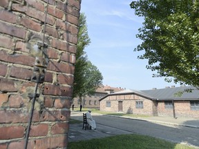 Pope Francis sitting between barracks in the Nazi death camp Auschwitz, in Oswiecim, Poland on July 29, 2016.
