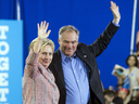 Hillary Clinton and Sen. Tim Kaine at a rally earlier this month.