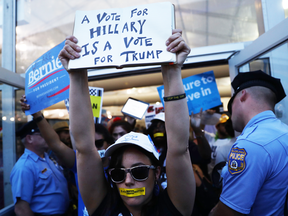 A Bernie Sanders supporter protests on the second day of the Democratic National Convention, July 26, 2016 in Philadelphia.