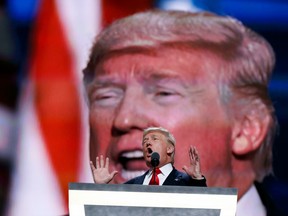 Donald Trump addresses the Republican convention in Cleveland.