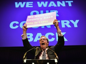 Former UKIP leader Nigel Farage speaks at the final "We Want Our Country Back" public meeting of the EU Referendum campaign on June 20 in Gateshead, England.