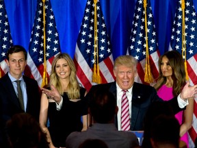 Donald Trump with his wife Melania, daughter Ivanka and son in law Jared Kushner, who recently defended Trump against charges of anti-Semitism.
