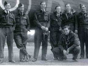 From left, John Alwyn "Pee Wee" Phillips (pilot), Joe King (mid-upper gunner), Vernon Knight (bomb-aimer), Ron Andrews (wireless radio operator), Herbert McLean (flight engineer), Lloyd Kohnke (rear gunner) and Graham Mainprize (navigator), kneeling.