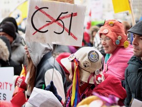 A March, 2015 protest against Bill C-51. New Democrats are urging the Liberal government to act on promises they made during the election campaign to amend Bill C-51.
