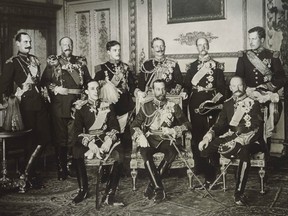 King Albert I of Belgium is at the far right, rear, in this photo of nine sovereigns at the funeral of King Edward VII in 1910.