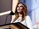 Melania Trump, wife of Republican presidential candidate Donald Trump, delivers a speech during the first day of the Republican National Convention in Cleveland, Monday, July 18, 2016.