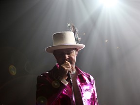 The Tragically Hip's Gord Downie, performs during the first stop of the Man Machine Poem Tour at the Save-On-Foods Memorial Centre in Victoria, B.C., Friday, July 22, 2016.