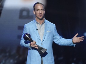 Former NFL football player Peyton Manning, accepts the icon award at the ESPY Awards at the Microsoft Theater on July 13, 2016.