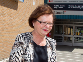 Public Services Minister Judy Foote at the Miramichi, N.B., Phoenix pay centre on Wednesday.