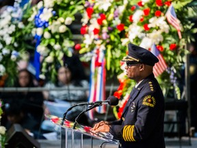 Dallas Police Chief David Brown speaks during a funeral service for a Dallas police officer on Saturday.