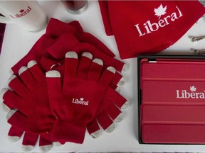 Federal Liberal Party merchandise is shown on day one of the party's biennial convention in Montreal, Thusday, February 20, 2014.