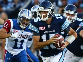 Toronto Argonauts' quarterback Ricky Ray scrambles as he looks to make a play during CFL action Monday night at BMO Field in Toronto. Ray had three touchdown passes as the Argos posted a 30-17 victory.