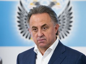 Russian Sports Minister Vitaly Mutko speaks to the media in Moscow on Sunday, July 24, 2016. Olympic leaders stopped short Sunday of imposing a complete ban on Russia from the Rio de Janeiro Games, handing individual global sports federations the responsibility to decide which athletes should be cleared to compete.