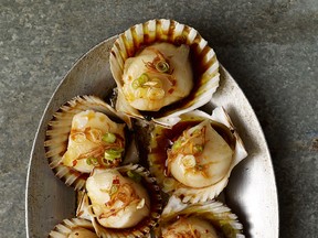 "Served nearly raw, the sweet scallops make a great match for salty jamón ibérico fat," Alexandra Raij writes in The Basque Book.