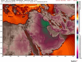 Temperatures simulated by the GFS model in the Middle East on Friday reached 54 C