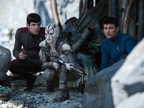 Zachary Quinto plays Spock, Sofia Boutella plays Jaylah and Karl Urban plays Bones.